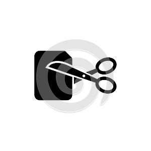 A pair of scissors cutting through a SIM card, representing the concept of SIM card removal, switching devices, or