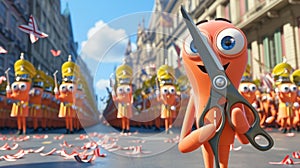 A pair of scissors enthusiastically joins the parade snipping along to the tune of the marching band in the background
