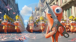 A pair of scissors enthusiastically joins the parade snipping along to the tune of the marching band in the background photo