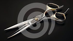 A pair of scissors with open blades in silver and gold metal. Barber's stationery for haircutting, beauty salons, or photo