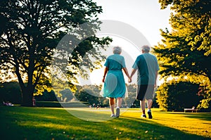 A pair of senior citizens strolling through the park, hand in hand, enjoy their leisurely promenade together.