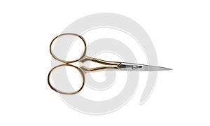 Pair of sharp scissors on white