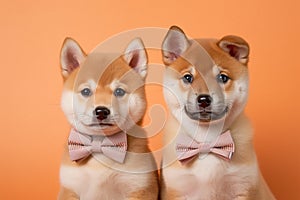 Pair of Shiba Inu dog puppies with bowties on orange background