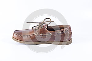 Pair, shoes, moccasin, brown, isolated, white background,
