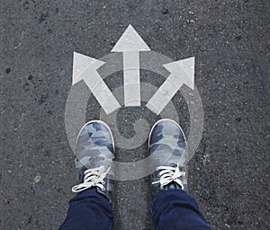 Pair of shoes standing on a tarmac road with three arrow