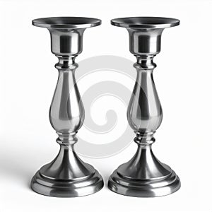 Pair of Silver Candlesticks in Studio Lighting on White Background