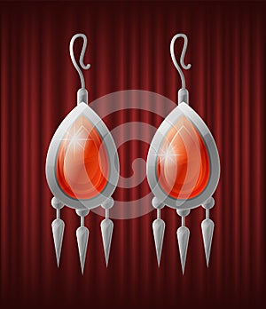 Vintage Silver Earrings with Red Gemstone Vector