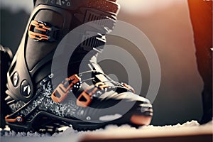 a pair of ski boots with orange accents on them sitting in the snow with a person standing behind them and a person stand