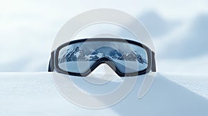 A pair of ski goggles displayed on a clean, snow-white background with