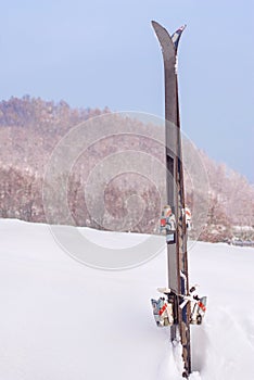 pair of ski in the snow standing vertically