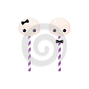 Pair of skull-shaped candies on sticks with bows. Vector illustration isolated on white background