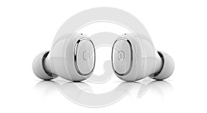 White True Wireless Earbuds on Reflective White Background