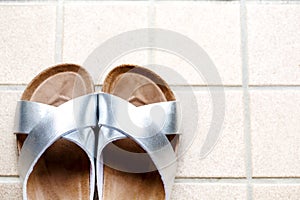 A pair of slipper on skin of silver on beige tiles background