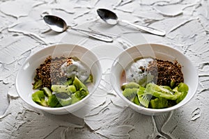 A pair of small dessert bowls with fresh kiwi fruit, white ice cream, yogurt and chocolate chips on a white stone background