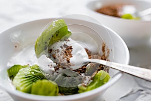 A pair of small dessert bowls with fresh kiwi fruit, white ice cream, yogurt and chocolate chips on a white stone background