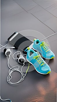A pair of sneakers, headphones, and a smartphone on the pavement illustration Artificial Intelligence artwork generated