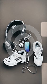 A pair of sneakers, headphones, and a smartphone on the pavement illustration Artificial Intelligence artwork generated