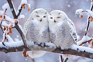 Pair of snowy owls perched on a branch in the middle of a snowfall