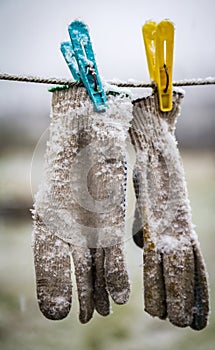 A pair of soiled work gloves dangles from a rope photo