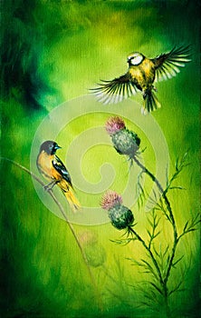 Pair of songbirds flattering above a distel flower, on an emerald green background. photo
