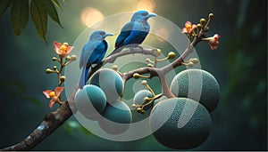 A pair of Spangled Cotinga on a Cannonball tree