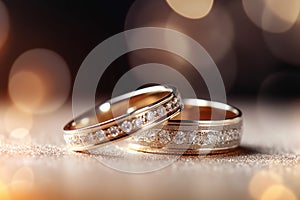 Pair of sparkling wedding rings on a reflective surface with soft background lighting