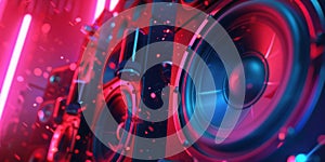 A pair of speakers with a red and blue background