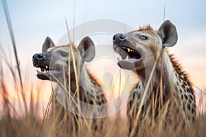 pair of spotted hyenas vocalizing at dusk with glaring eyes