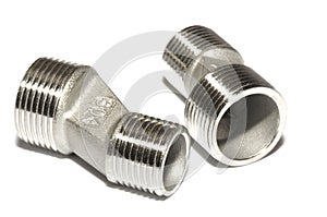 A pair of stainless steel angled level reducer pipe fittings