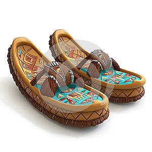 Pair of stylized Native Americaninspired sandals with intricate designs photo
