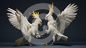 A pair of sulphur-crested cockatoos engaged in a lively dance,