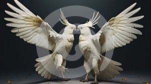 A pair of sulphur-crested cockatoos engaged in a lively dance
