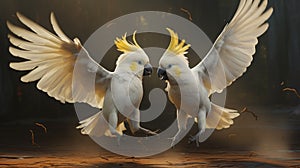 A pair of sulphur-crested cockatoos engaged in a lively dance,