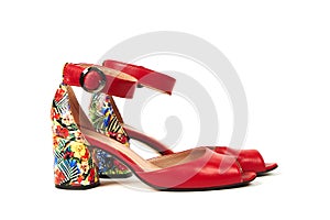 A pair of summer women& x27;s high-heeled shoes with floral print