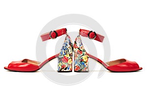 A pair of summer women& x27;s high-heeled shoes with floral print