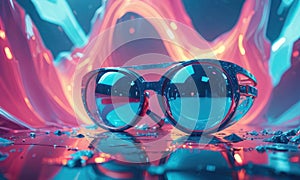 A pair of sunglasses with red and blue lenses are displayed on a table.