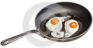 Pair Of Sunny Side Up Eggs Fried In Old Heavy Duty Teflon Frying Pan Isolated On White Background