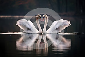a pair of swans forming a heart shape with their necks on a lake