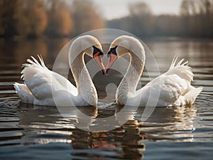 A pair of swans on the lake make a symbol of \