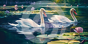 pair of swans swimming in a calm lake, with water lilies and a forested shoreline. Generative AI