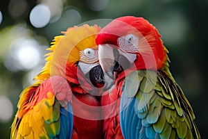 Pair of Sweet Parrots Enjoying Nature\'s Bounty. AI Generated