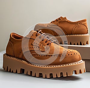 Pair of tan leather brogues photo