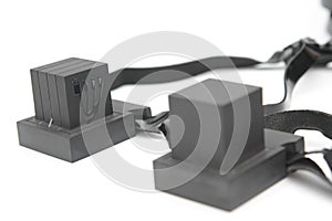 Pair of tefillin , A symbol of the Jewish people, a pair of tefillin with black straps, isolated on a white background