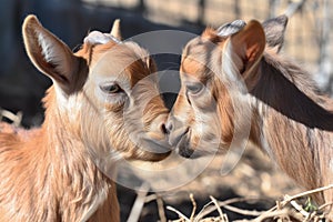 a pair of tiny goats nuzzling heads and snuggling together in the sun