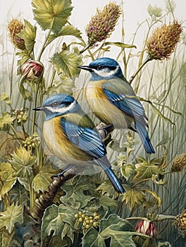 A pair of titmouse birds sitting on top of a plant in high thickets. AI generated