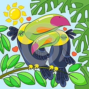A pair of toucans in love. Vector illustration