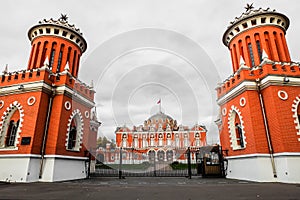 A pair of towers on the main entrance into the complex of Petroff palace, Moscow, Russia.