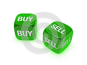 Pair of translucent green dice with buy, sell sign