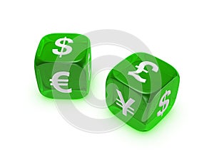 Pair of translucent green dice with currency sign