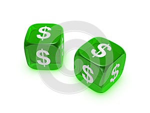 Pair of translucent green dice with dollar sign